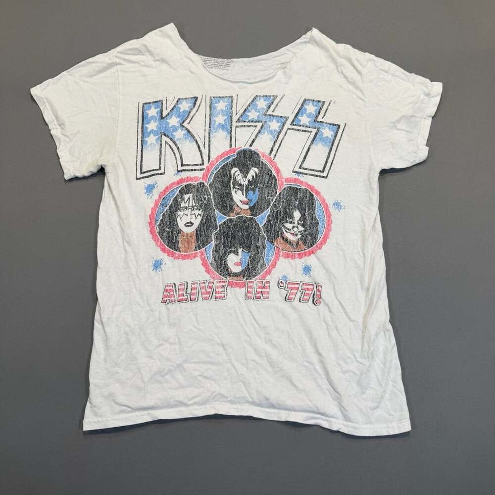 Kiss Alive In 77 T-Shirt Size S White Graphic Band Rock Tee